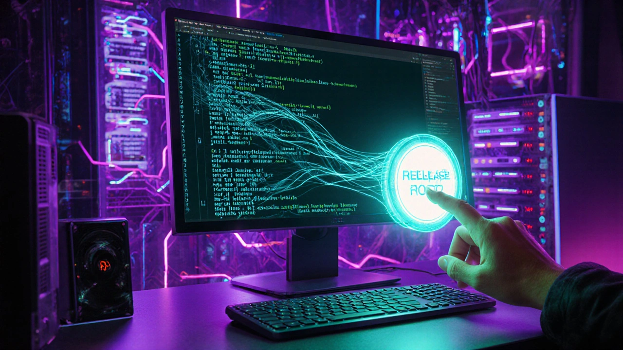 ホログラムのコードとノードが光るサイバーパンクの開発シーン