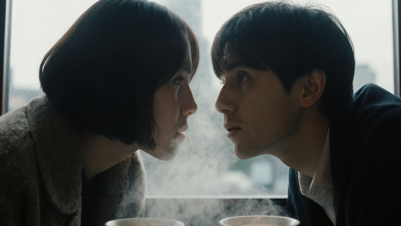 東京のカフェで、二人が近づき合い、言葉なく目を合わせる瞬間。