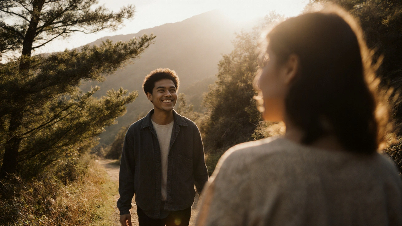 二人が山道を歩き、正直に趣味を語り合う様子。自然光の中、真実のつながりが描かれる。