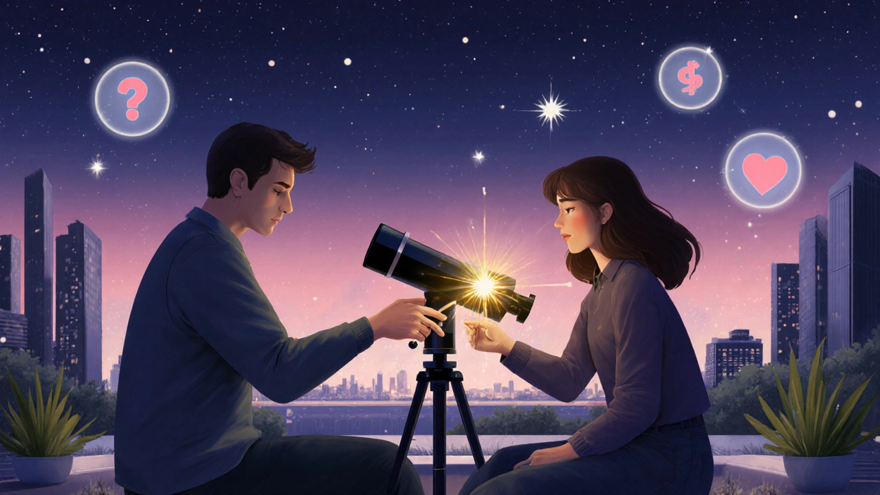 共通体験で楽しむカップルが夜空の下で協力している場面。