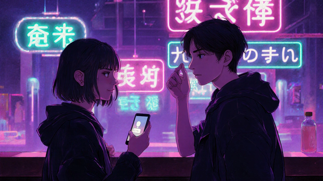 ネオンのクラブで向かい合う二人が軽い会話を交わすイラスト。