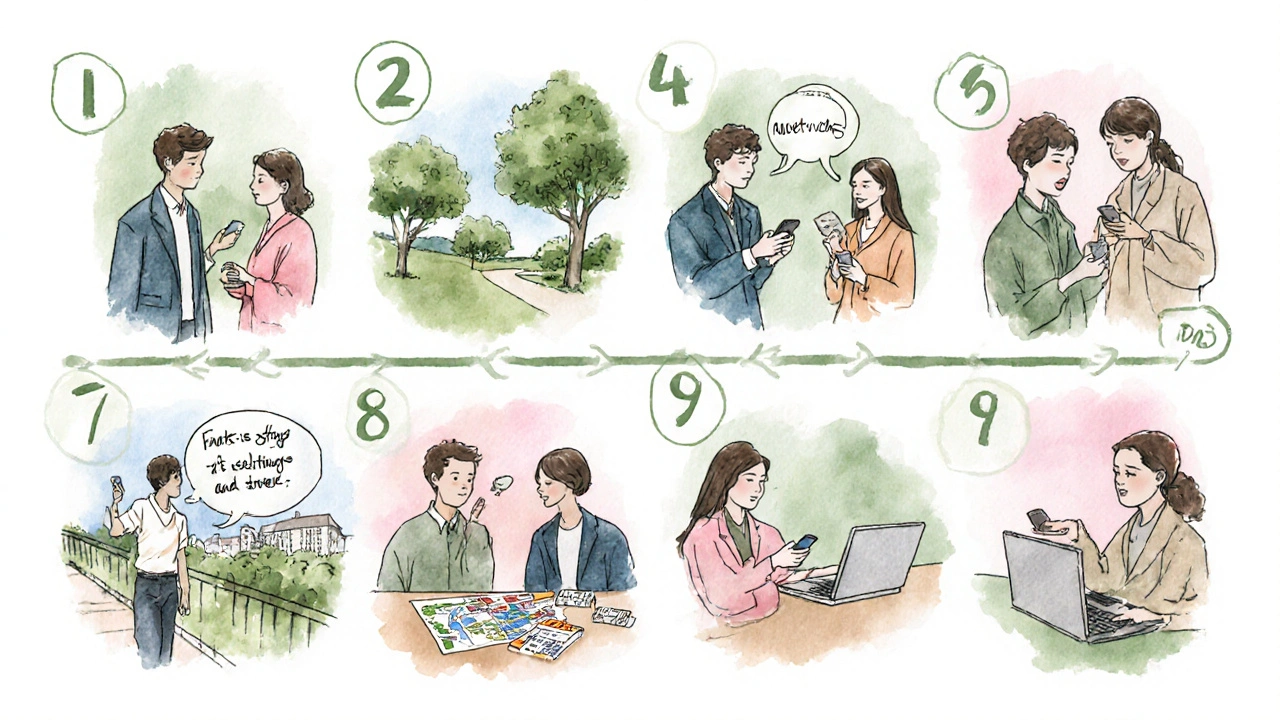 水彩画で10のデートシーンと会話の瞬間がコラージュされたイラスト。