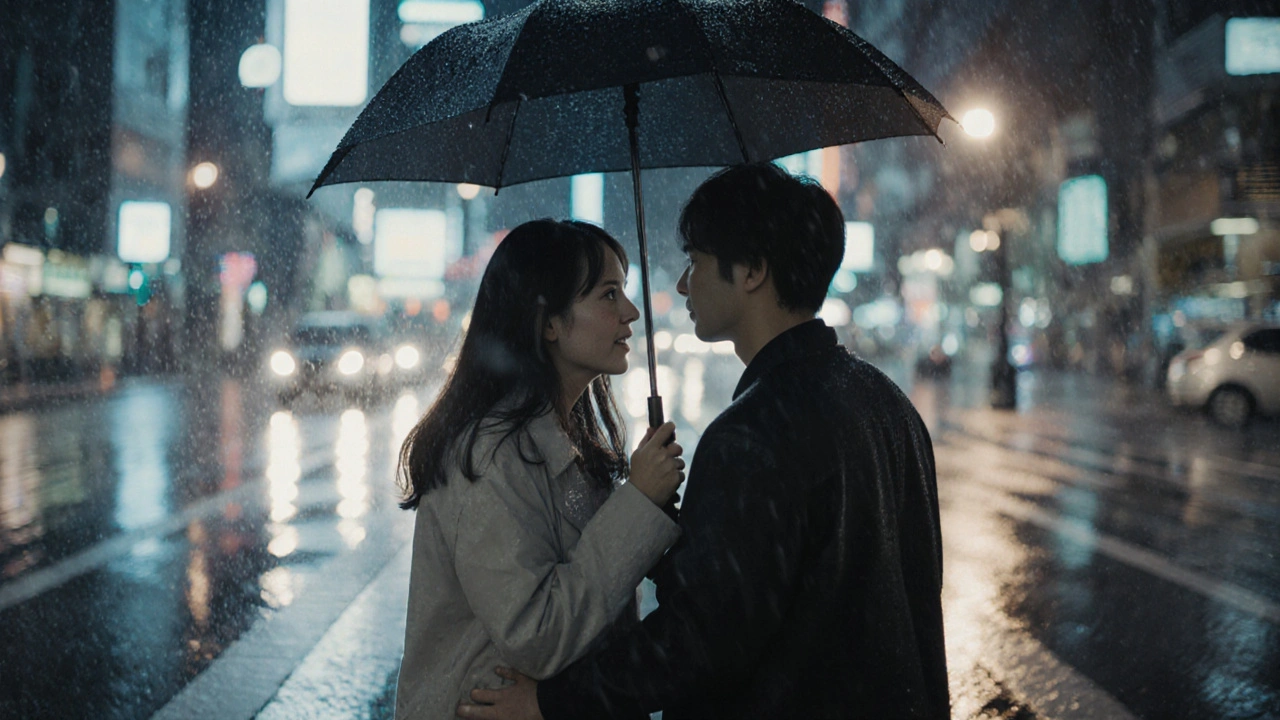 雨の中、傘を分け合う二人が手を繋ぎ、街の灯りに照らされる様子。